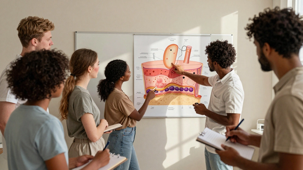 Студенты обсуждают кожные заболевания по анатомическим схемам в классе.
