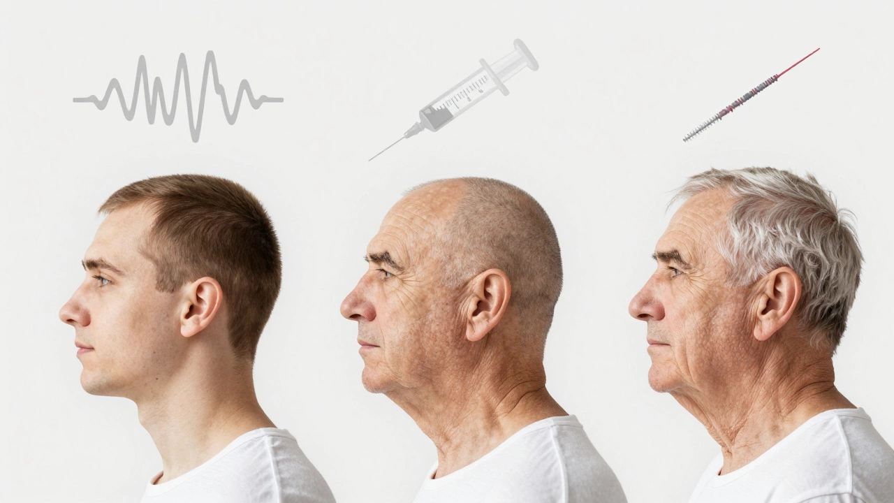 Три лица разного возраста с прозрачными символами методов коррекции за ними.