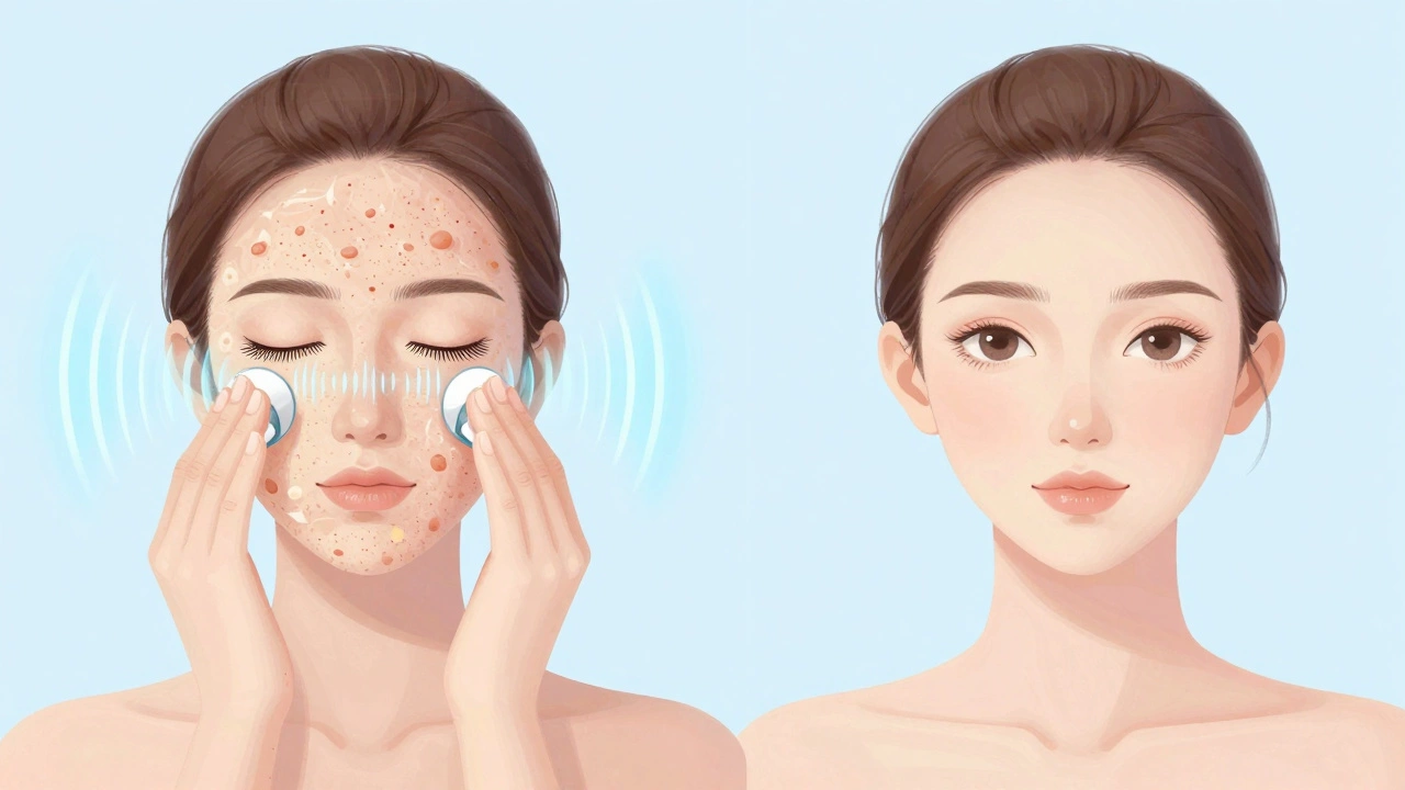 Ультразвуковая эксфолиация: визуализация мягкого очищения кожи без абразивов, с акцентом на свежесть и гладкость.