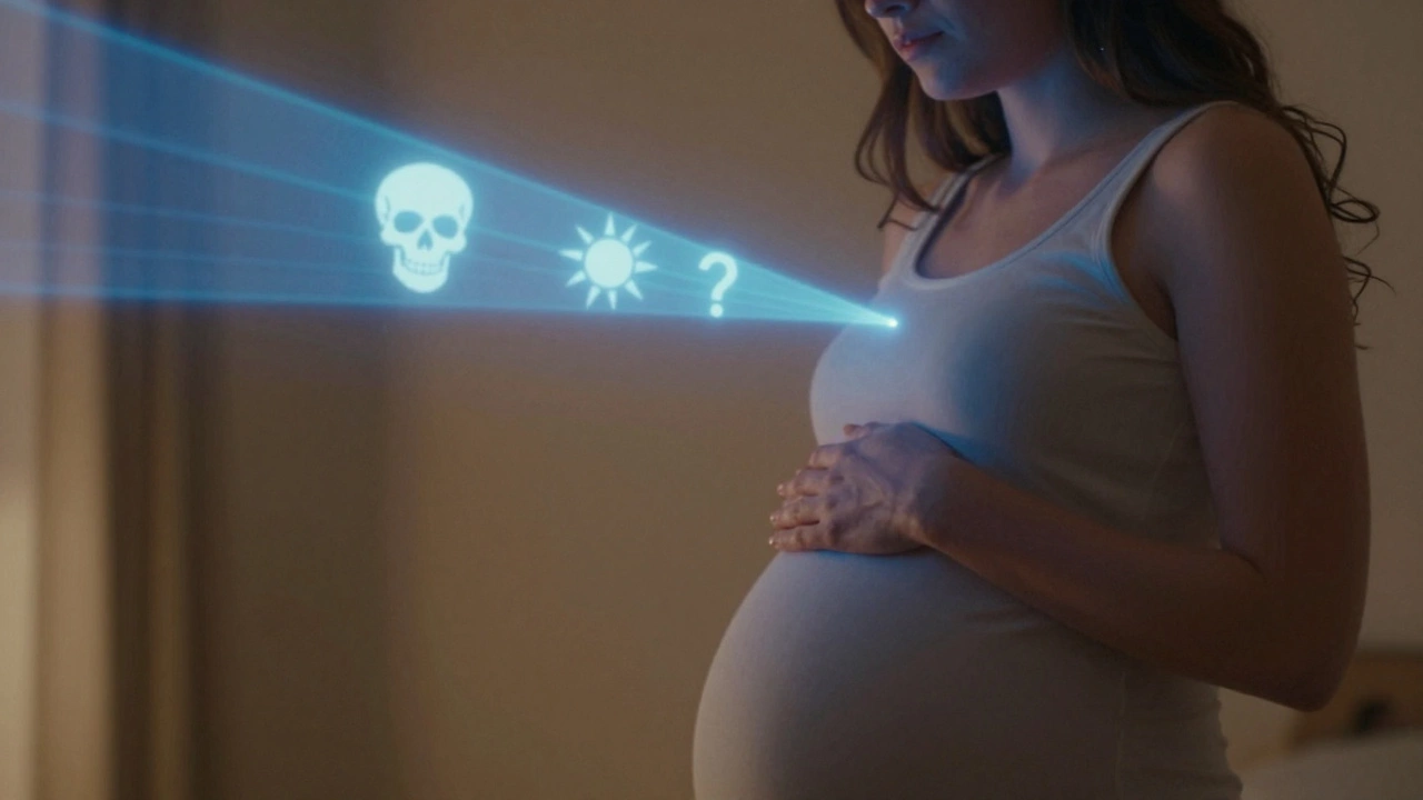 Беременная женщина, рядом с которой свет лазера превращается в предупреждающие символы