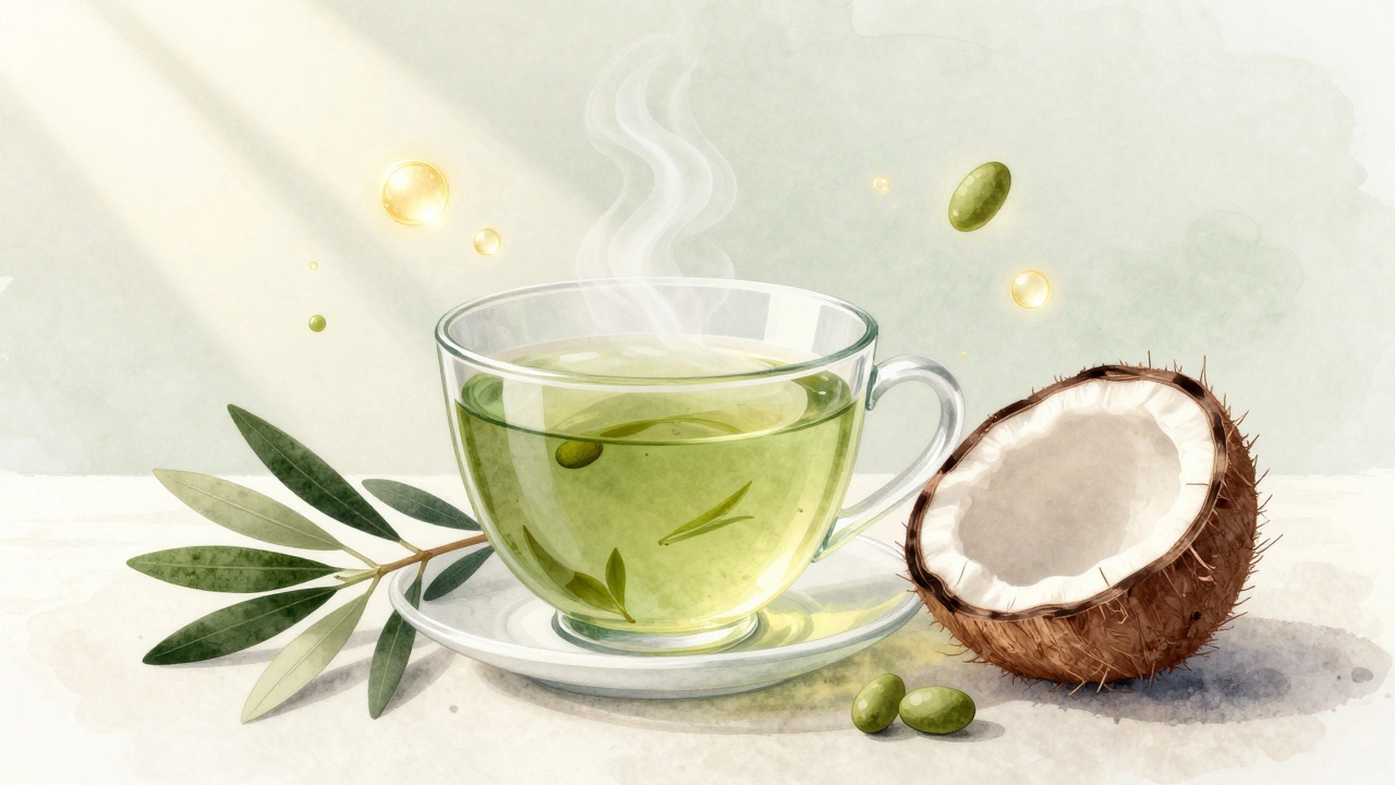 Чашка зеленого чая, листья оливы и кокосовая вода — символы защиты кожи от старения.
