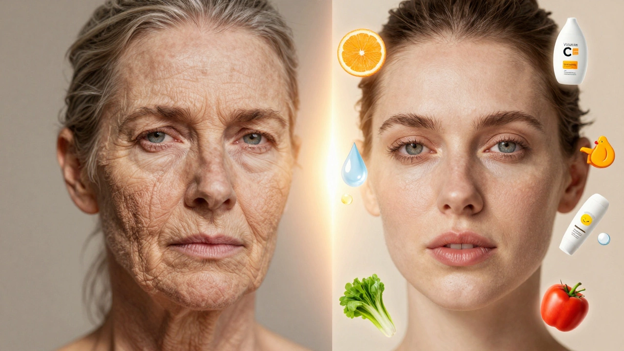 Двухстороннее изображение лица: стареющая кожа слева, омоложенная — справа, с символами ухода и питания.