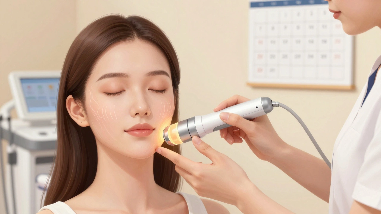 Косметолог применяет радиочастотный лифтинг для подтяжки кожи лица.