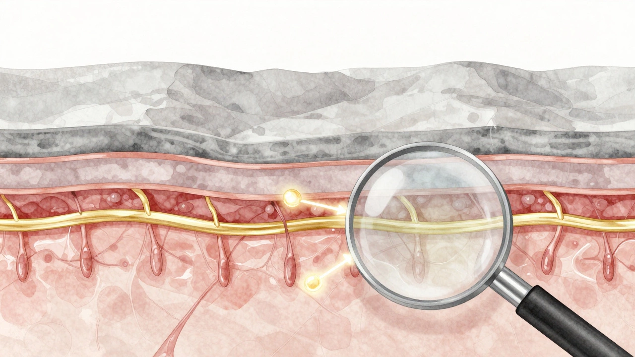 Микроскопический вид кожи: молекулы стимулируют восстановление коллагена под морщинами.