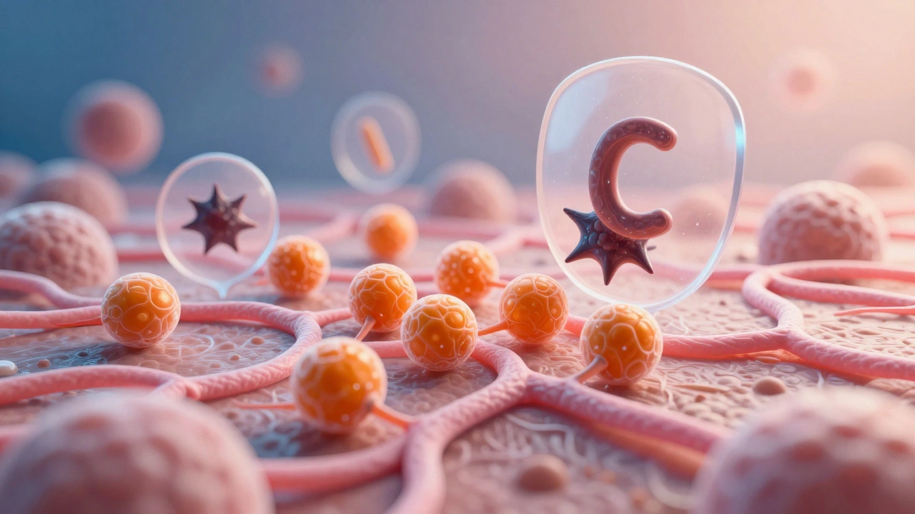 Микроскопическое изображение кожи: коллагеновые волокна восстанавливаются под действием молекул витамина С.