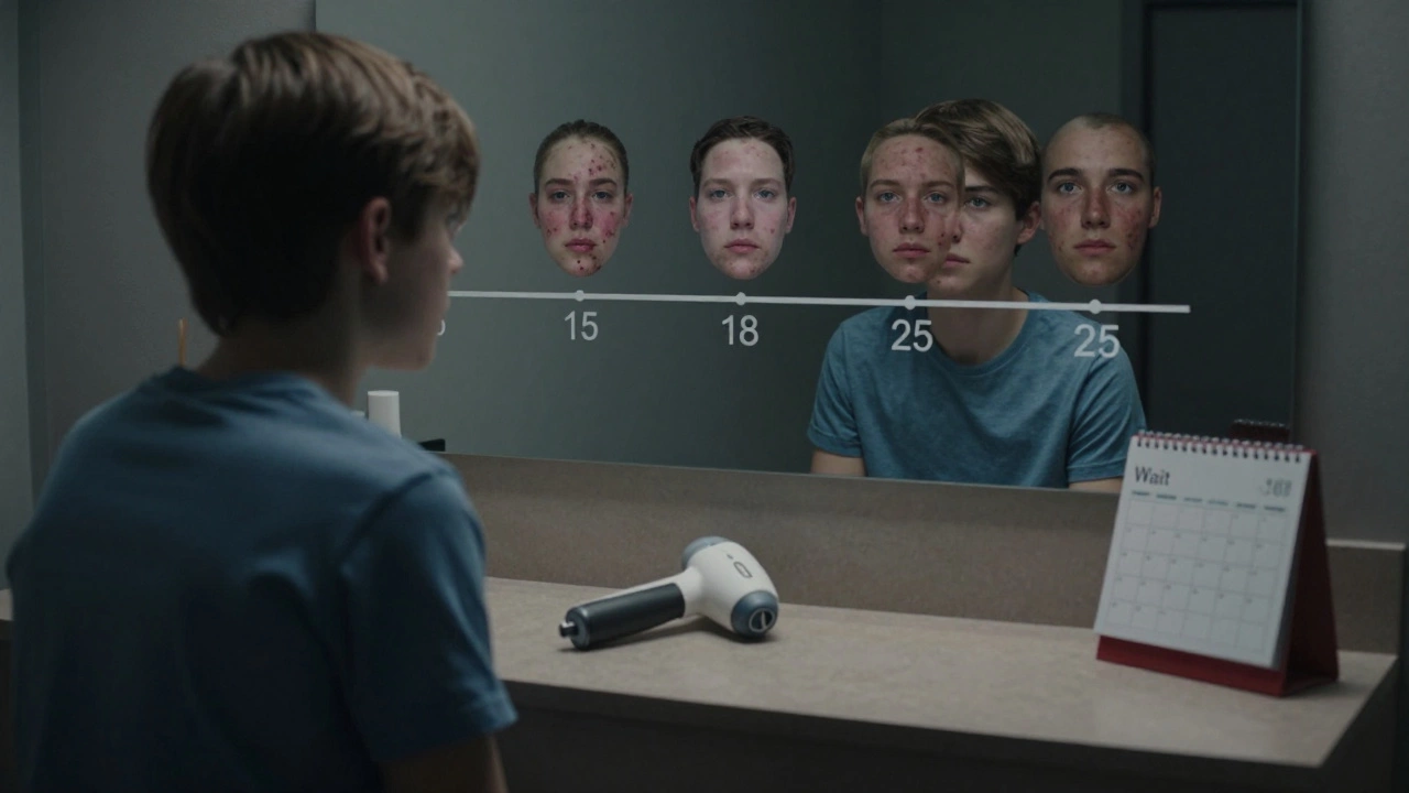 Подросток смотрит в зеркало, где отражается его будущее с последствиями лазерной процедуры