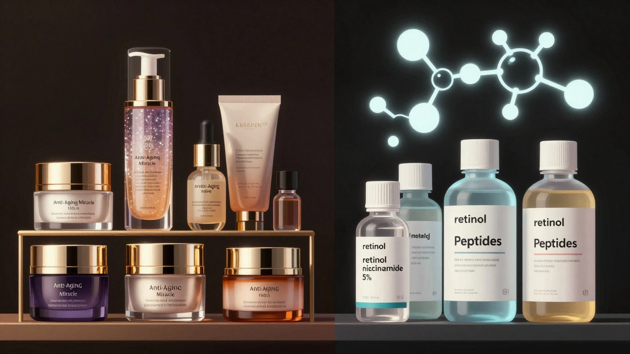 Полка с кремами: дорогие с пустыми надписями слева, научно обоснованные составы справа.