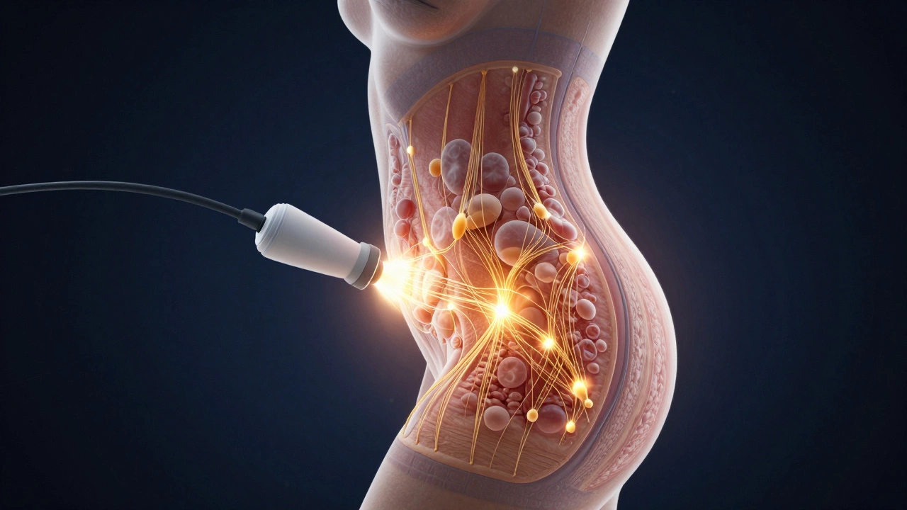 Прозрачное изображение бёдер с разрушающимися жировыми клетками и растущими коллагеновыми волокнами.