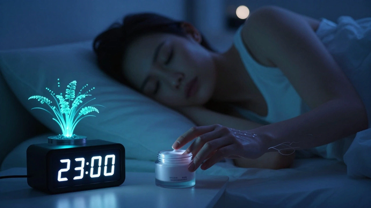 Рука наносит крем ночью, на часах 23:00, за спиной — спящий человек, мягкий свет символизирует восстановление.