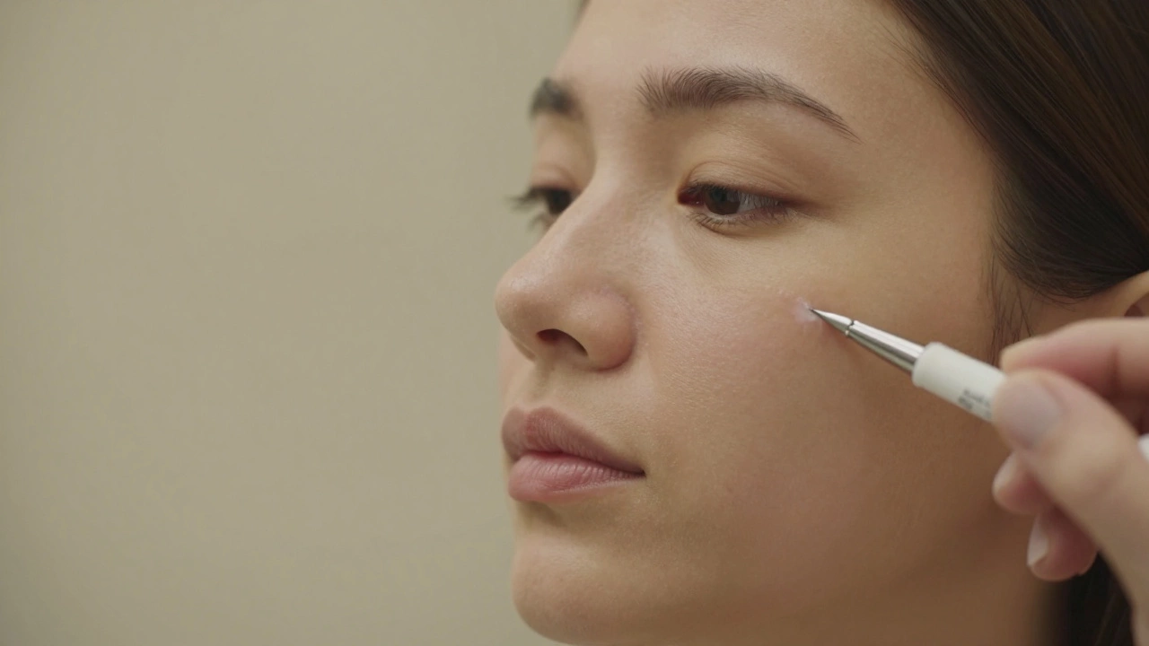 Рука специалиста вводит гиалуроновую кислоту в скуловую область для естественного подъема.