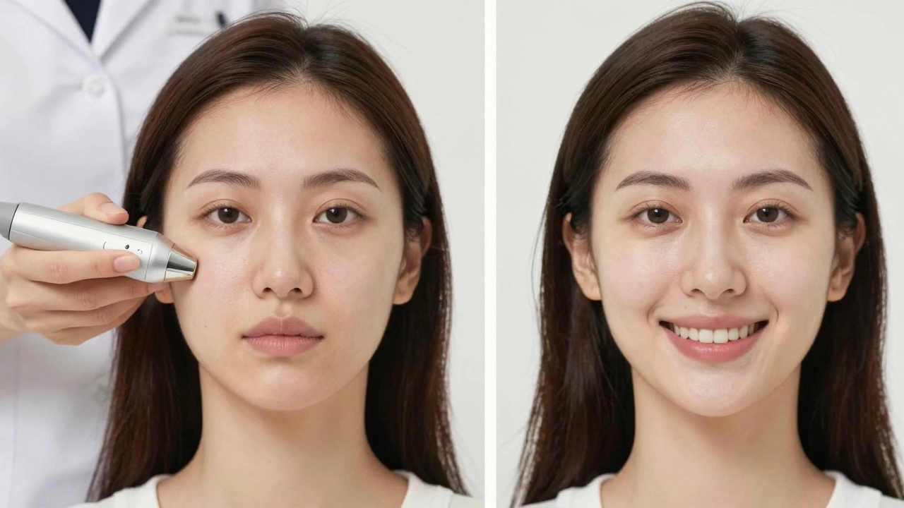 Сравнение до и после ультразвукового лифтинга: улучшение овала лица без хирургии.