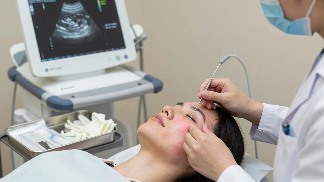 Врач вводит биоразлагаемые нити под кожу щеки с помощью ультразвукового контроля.