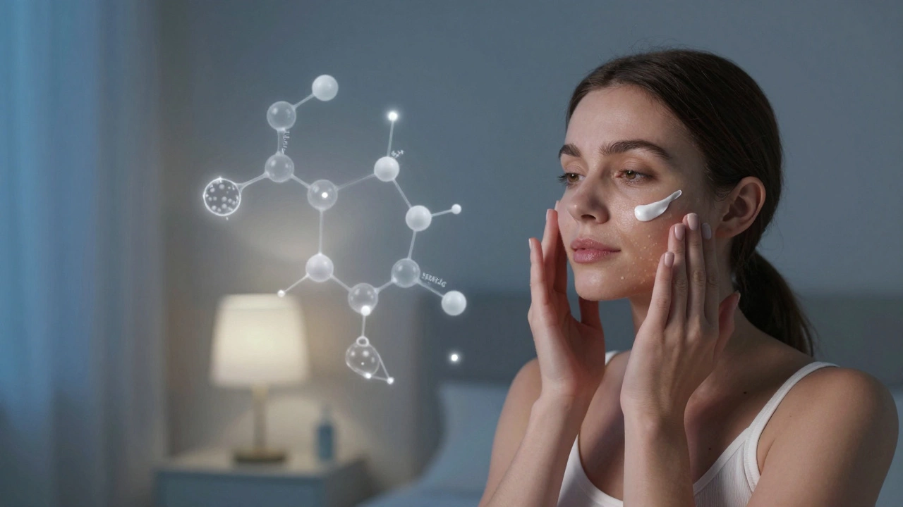 Женщина наносит крем с ретинолом вечером, вокруг неё — абстрактные молекулы пептидов и церамидов.