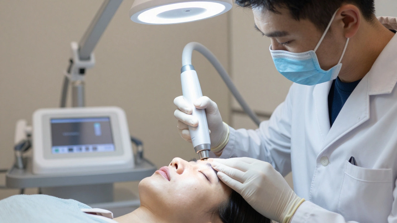 Косметолог проводит процедуру фракционного лазера Erbium YAG на области под глазами