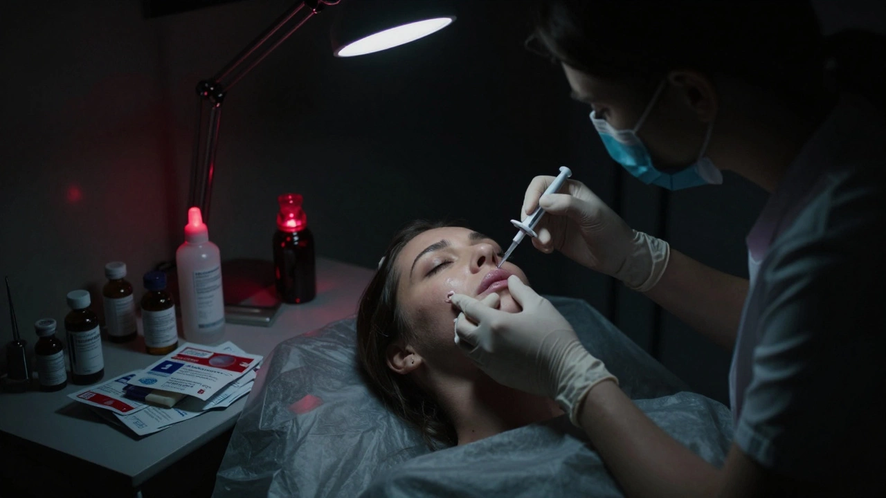 Нелегальная процедура в подвале: несертифицированный человек делает инъекцию губам
