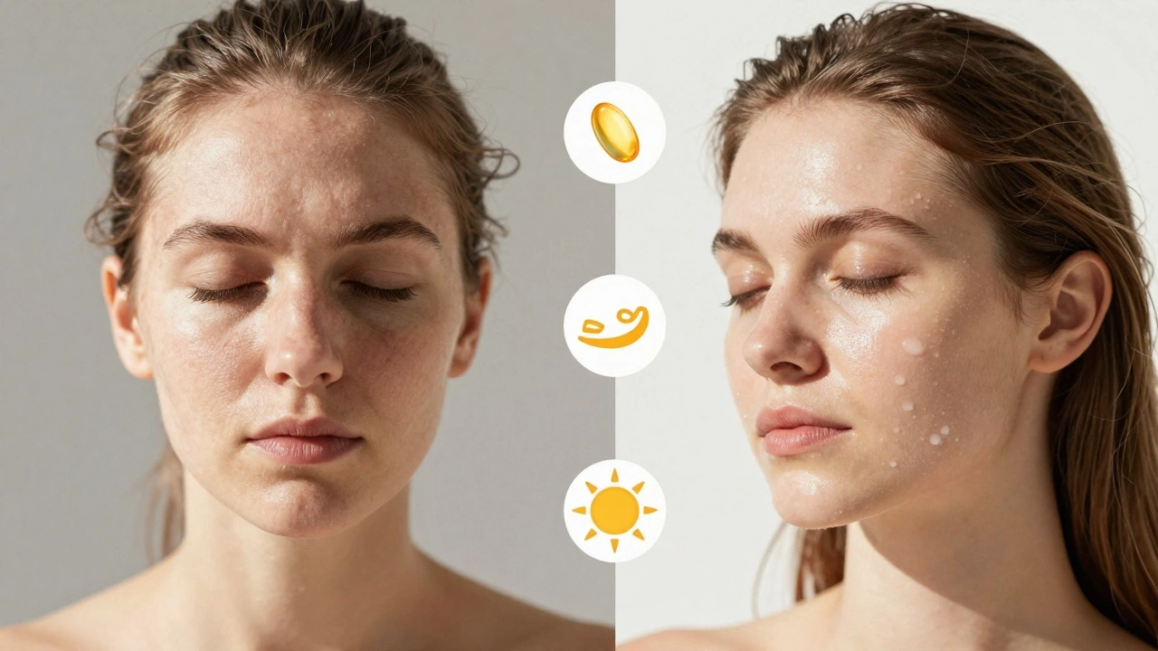 Разделенное изображение лица: одна сторона с морщинами от солнца, другая — сияющая от ухода.