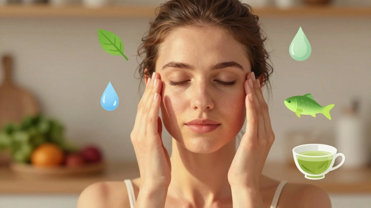 Рука выполняет легкий массаж лица, вокруг — символы здоровой кожи.