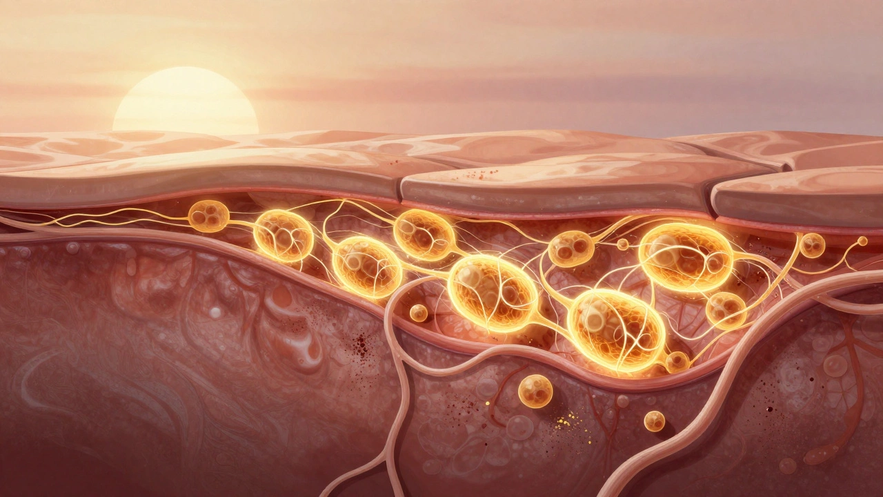 Схематичное изображение кожи, восстанавливающейся после лазера: новые коллагеновые волокна и вывод пигмента.