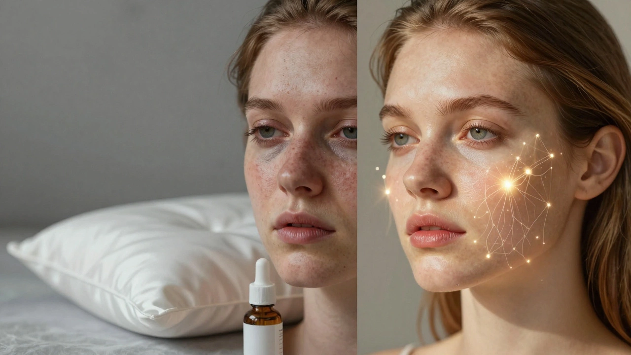 Сравнение лица до и после ночного восстановления: тусклое против сияющего, с визуализацией биологических процессов.