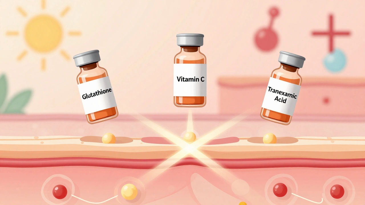 Три медицинских флакона с препаратами, излучающими свет, влияющие на клетки кожи, демонстрируя механизм борьбы с пигментацией.