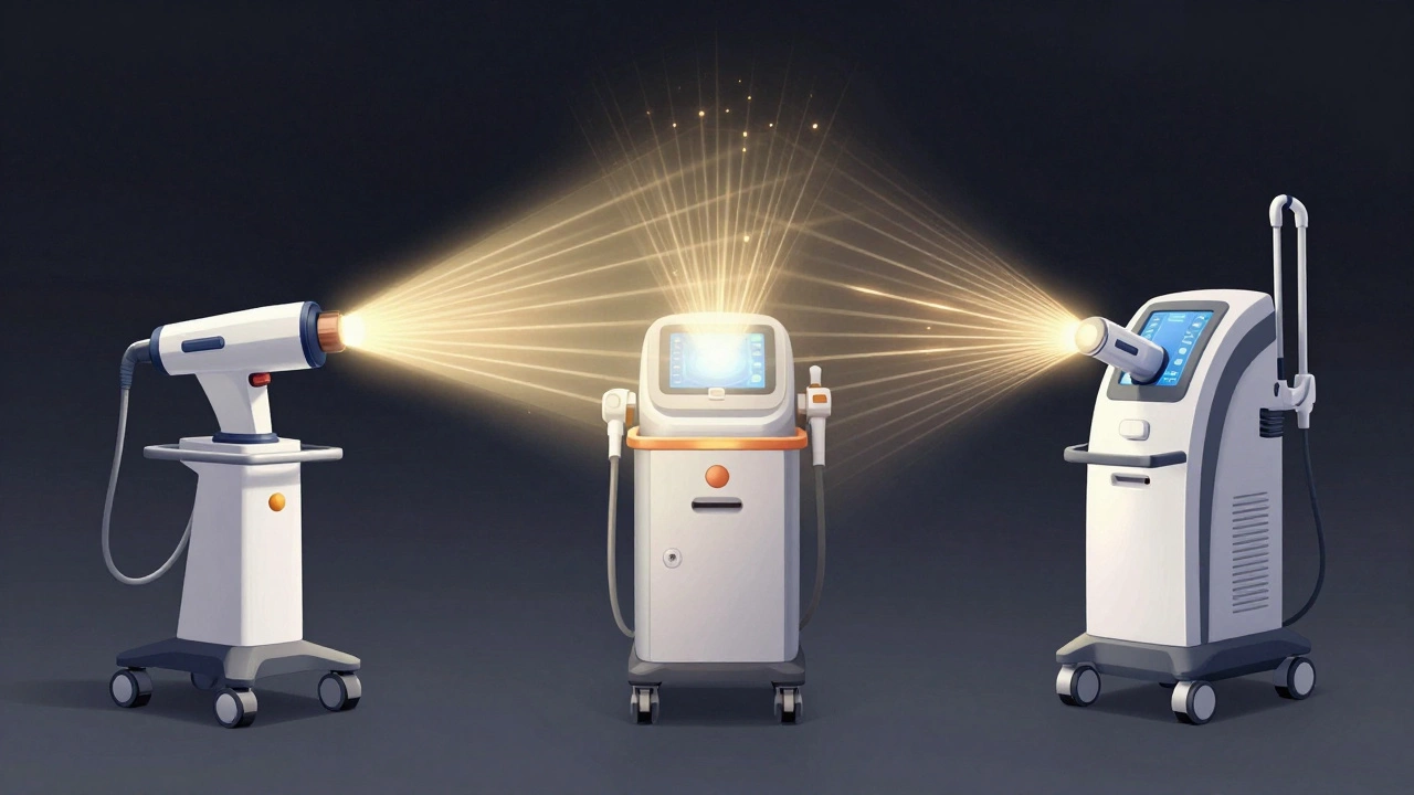 Три типа аппаратов для удаления пигментации: лазер, IPL и пикосекундный лазер, визуально различаются по типу излучения.