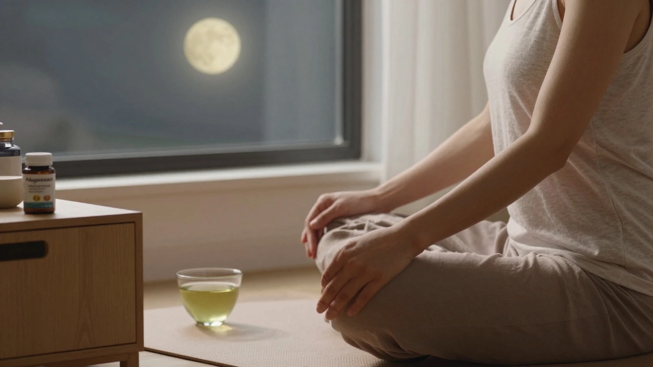 Женщина медитирует у окна вечером, рядом чашка зеленого чая и бутылочка магния при мягком лунном свете.