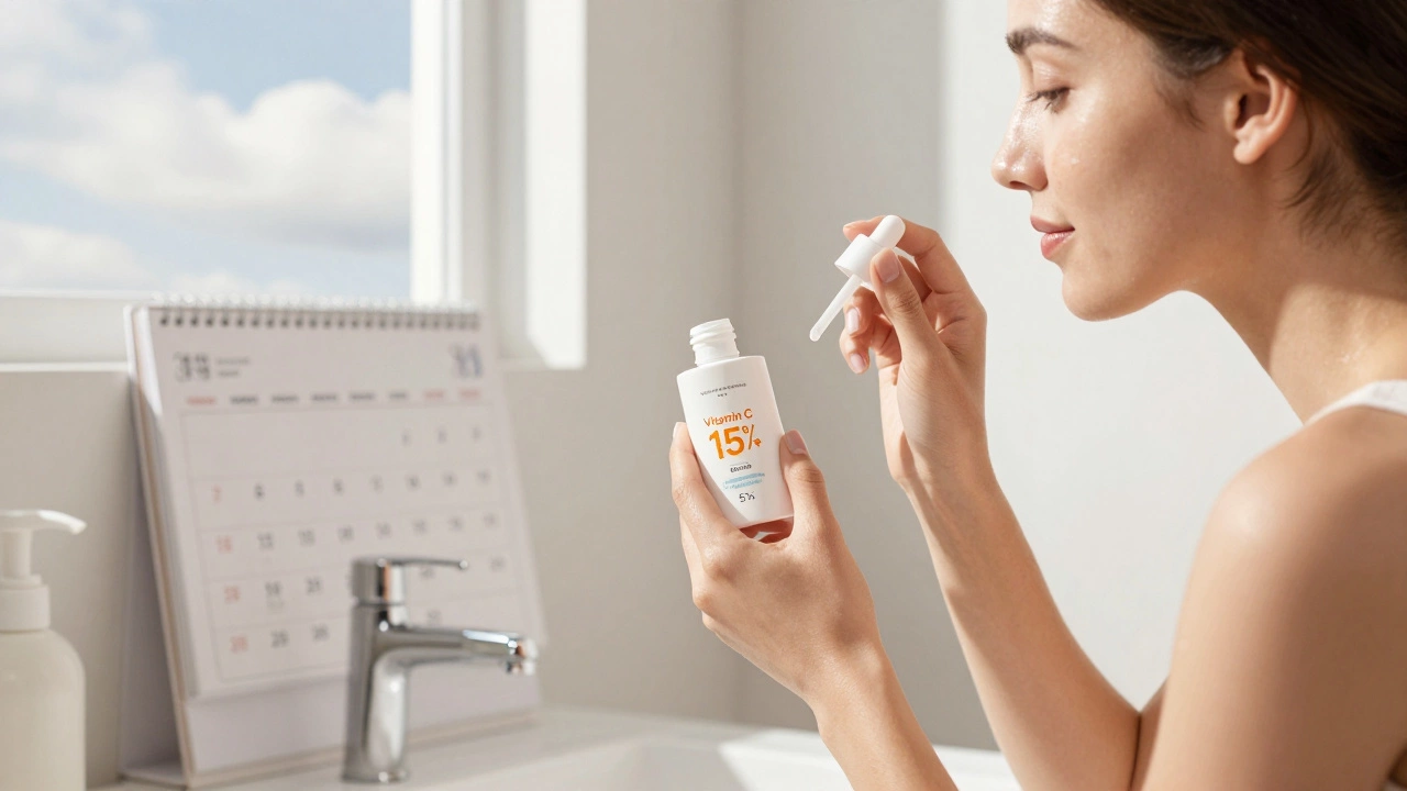 Женщина наносит солнцезащитный крем SPF 50+ утром, рядом сыворотки с витамином С и ниацинамидом.