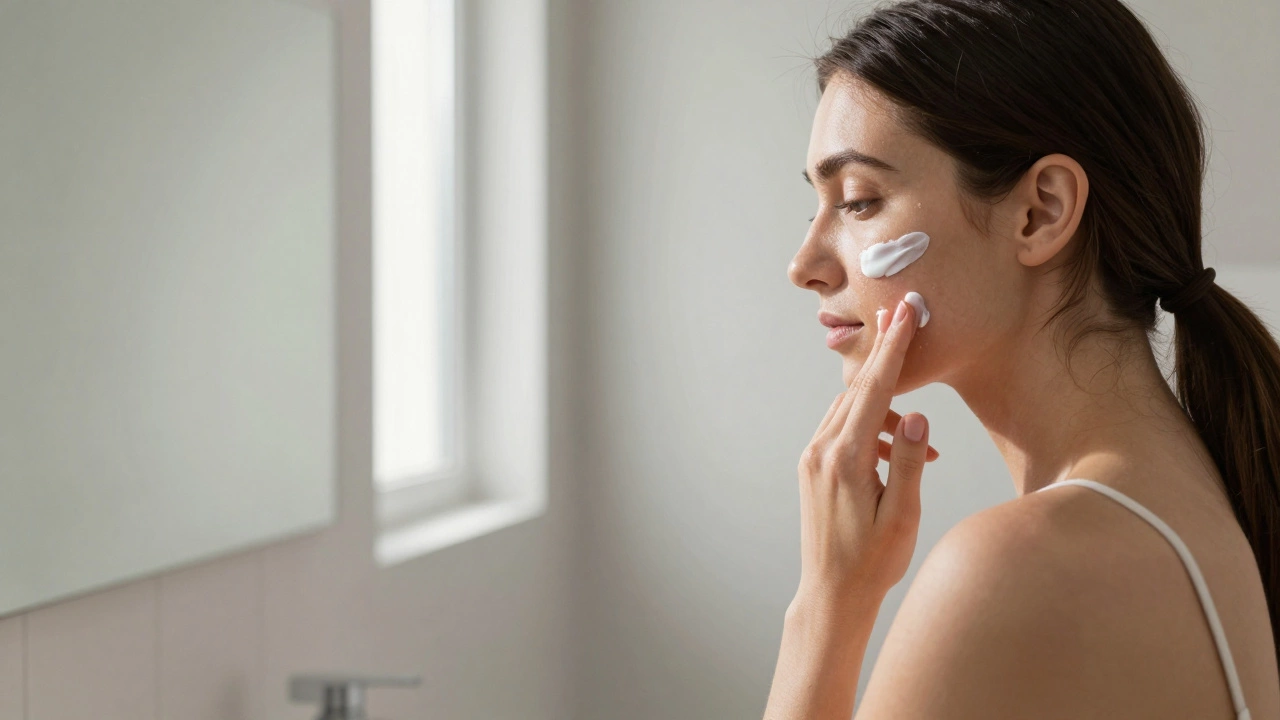 Женщина наносит ухаживающий крем на кожу после лазера, защищенную солнцезащитным средством.