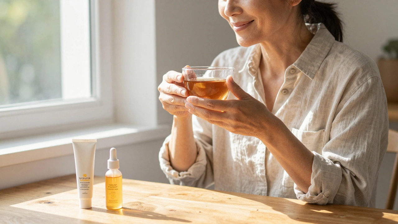 Женщина с сияющей кожей смотрит в окно на утреннем солнце, рядом — простой уход за кожей.