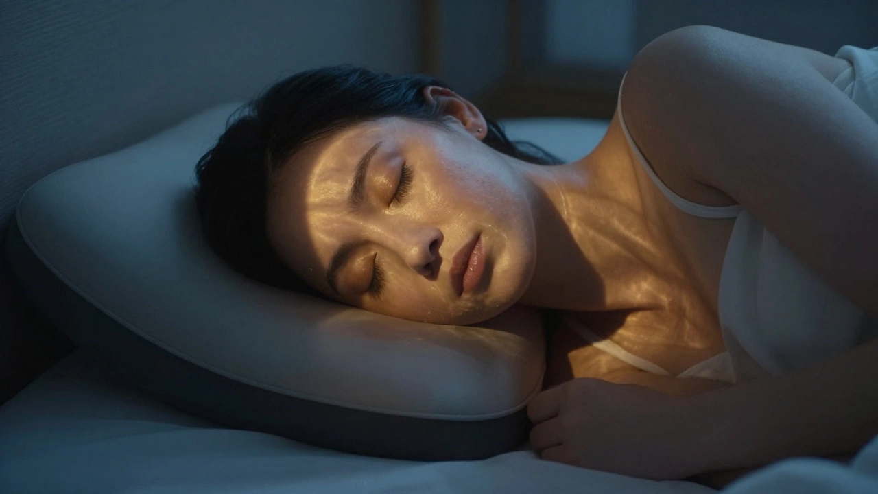 Женщина спит на спине на подушке с выемкой, мягкий свет подчеркивает спокойствие лица.