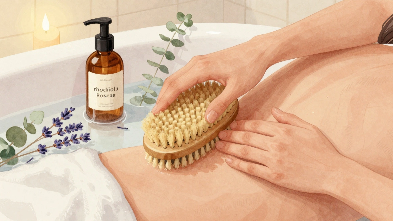 Человек делает сухой массаж тела щеткой, вокруг — ванна с травами и масла с родиолой, атмосфера ритуала ухода.