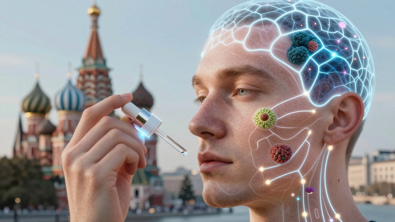 Цифровая проекция анализа кожи с нейросетью, показывающая текстуру, поры и микробиом, рядом — умная дозирующая система с персонализированной сывороткой.