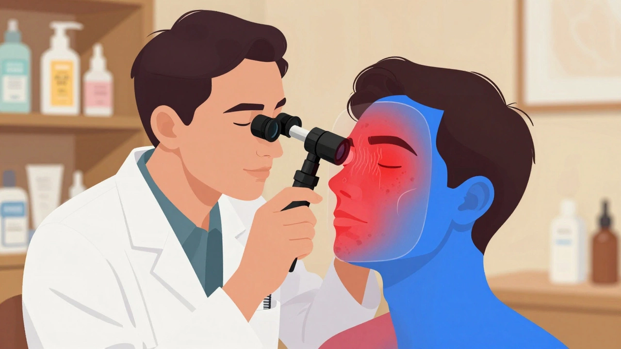 Дерматолог осматривает лицо пациента с помощью дерматоскопа, видны скрытые скопления меланина под кожей.