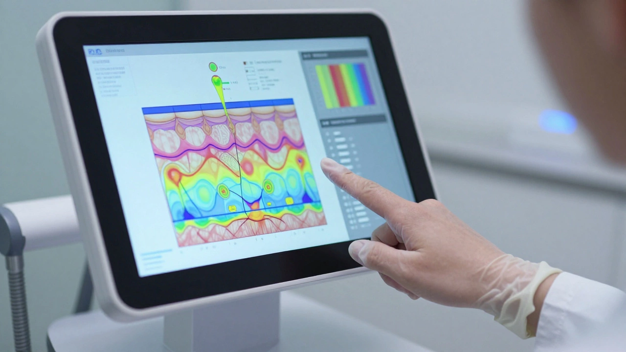 Компьютерная диагностика кожи лица на экране монитора.