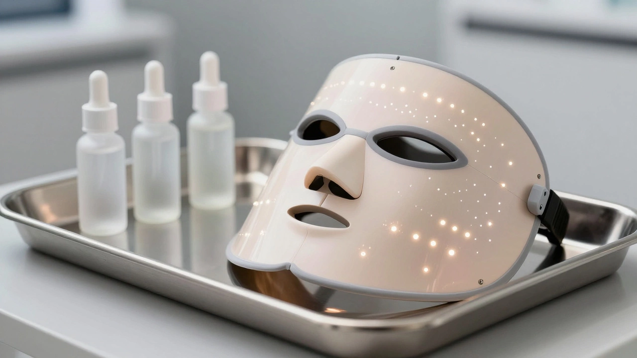 Косметические приборы и препараты на стерильном медицинском лотке.