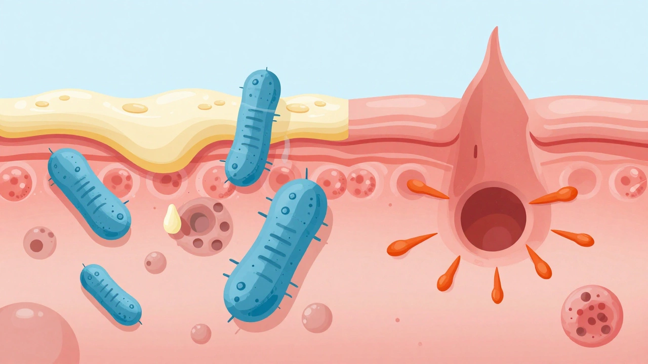 Микроскопическое сравнение забитого пора и здорового пора при лечении акне