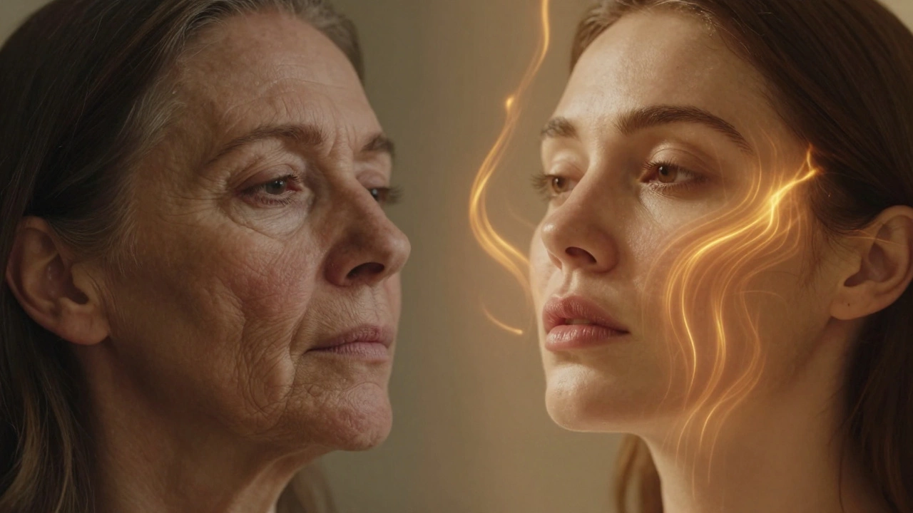 Преображение лица: одна сторона — с морщинами, другая — с восстановленной кожей благодаря термалифтингу.