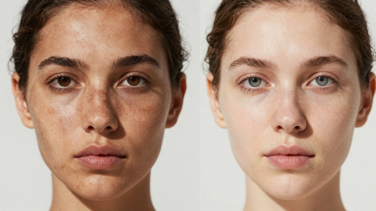 Сравнение лица до и после приёма витаминов и солнцезащиты: слева — тёмные пятна, справа — равномерный, светлый оттенок кожи.