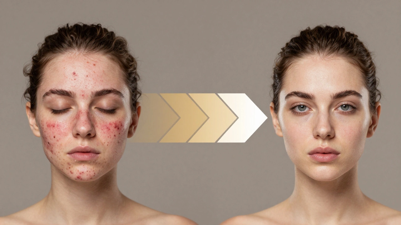 Сравнение воспаленной кожи и здоровой кожи после курса процедур по борьбе с акне.