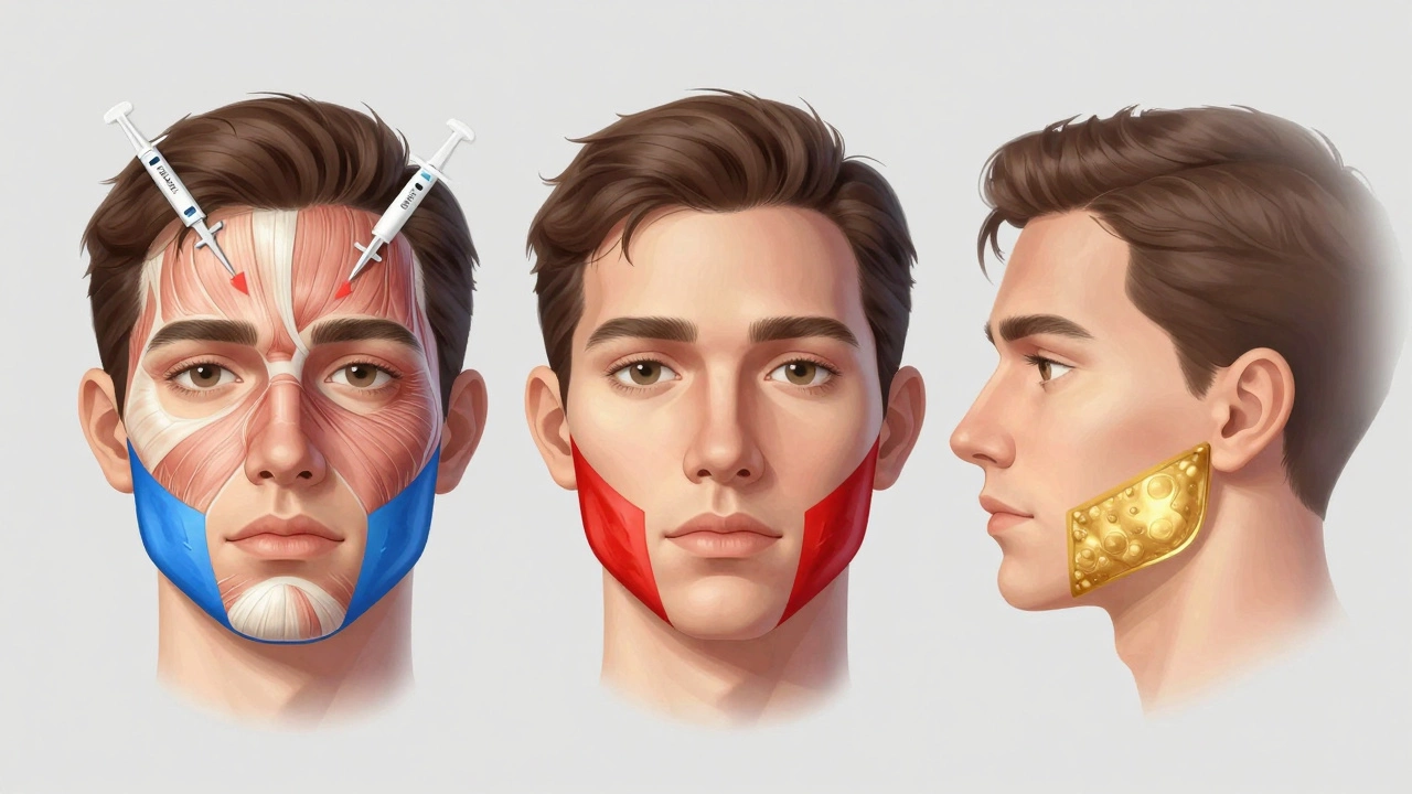 Три медицинские процедуры против морщин: ботокс, филлеры и термалифтинг, показанные на анатомических зонах лица.