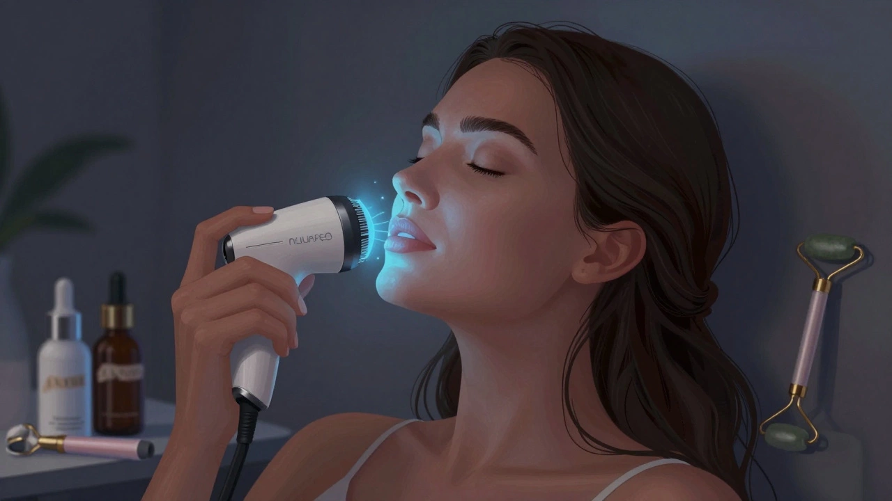Женщина использует прибор для микротоковой терапии на лице, мягкий синий свет подсвечивает контуры лица.