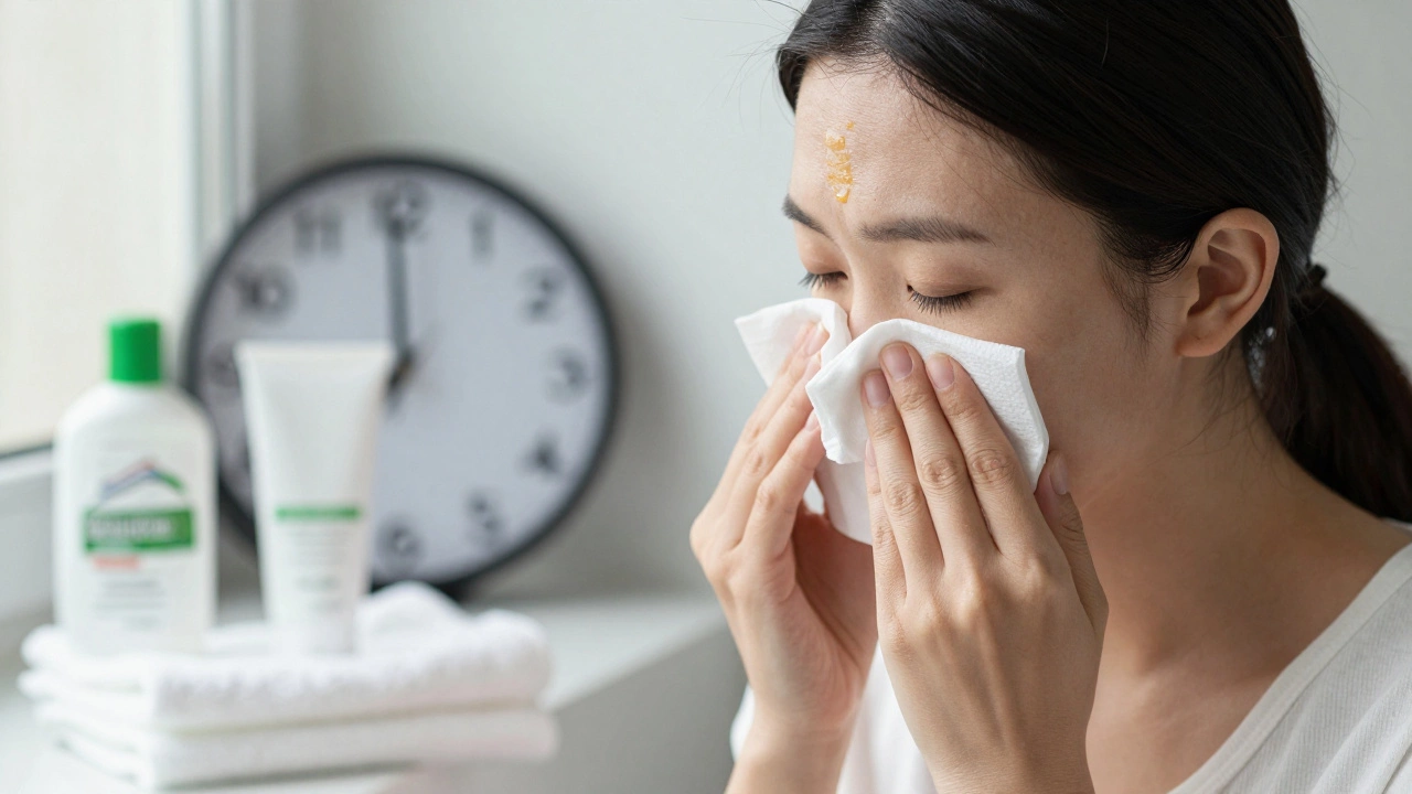 Женщина промокает лицо салфеткой в течение дня, не используя очищающее средство.