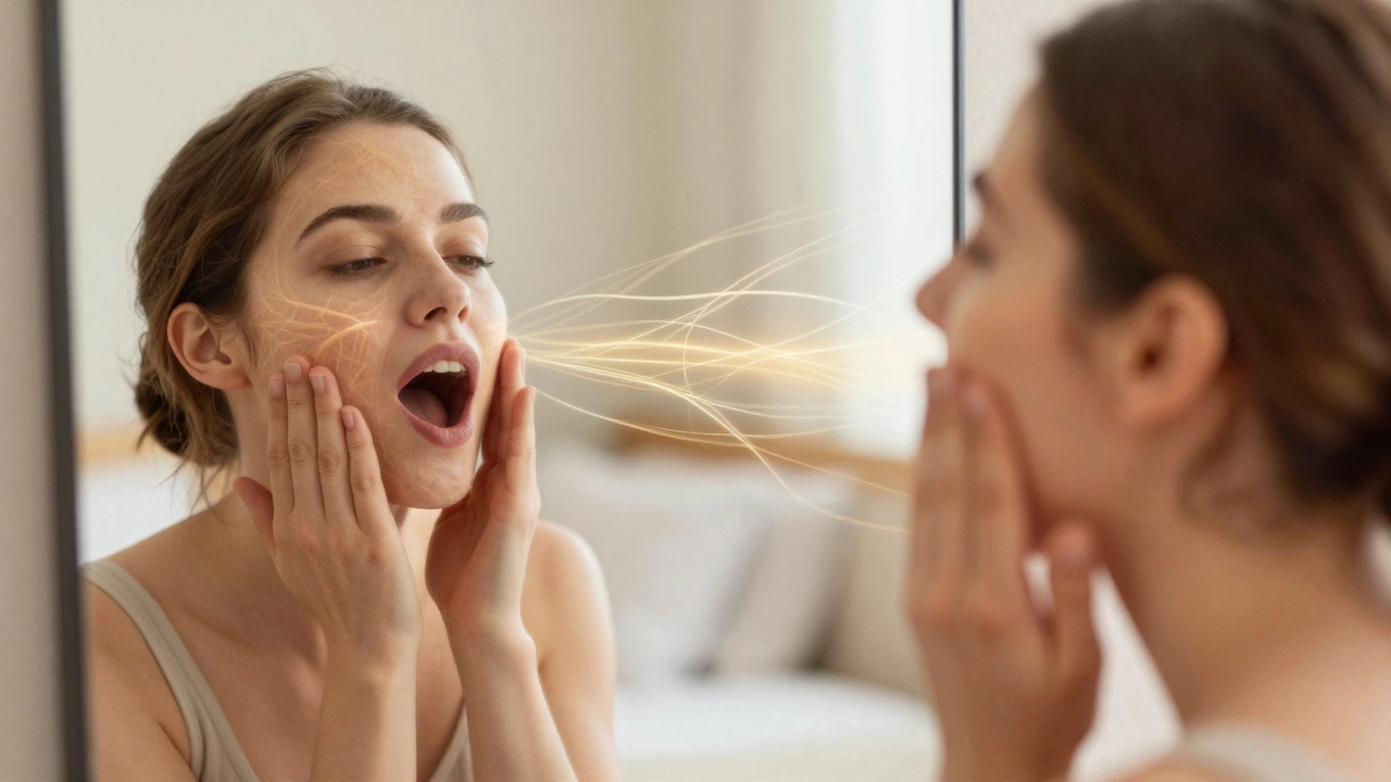Женщина выполняет упражнение фейс-йоги перед зеркалом, руки прижимают щеки, рот широко открыт.