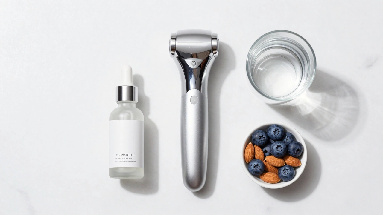 Набор для ухода за кожей: сыворотка с ретинолом, аппарат для RF-лифтинга и полезные продукты