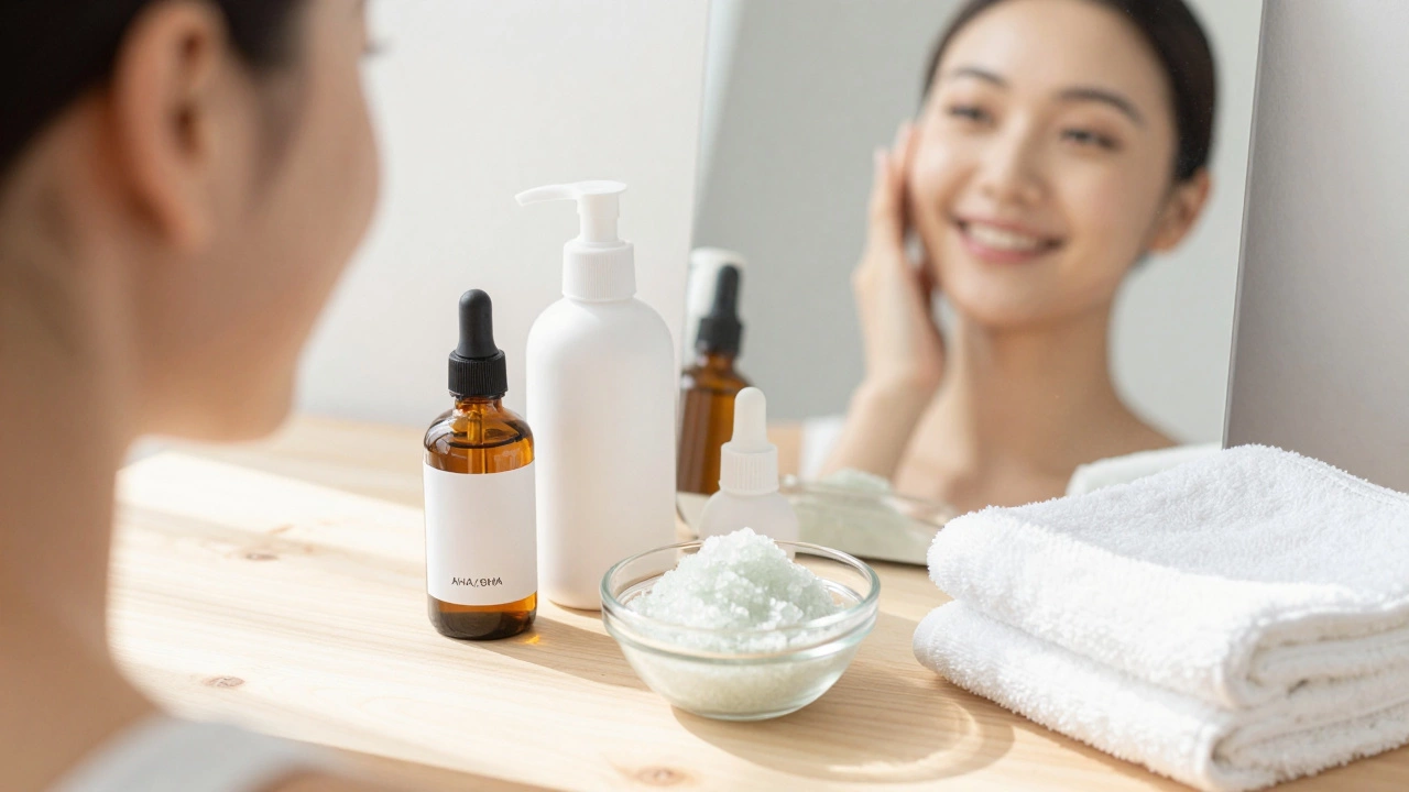 Набор средств для профессионального ухода за кожей и сияющее лицо женщины