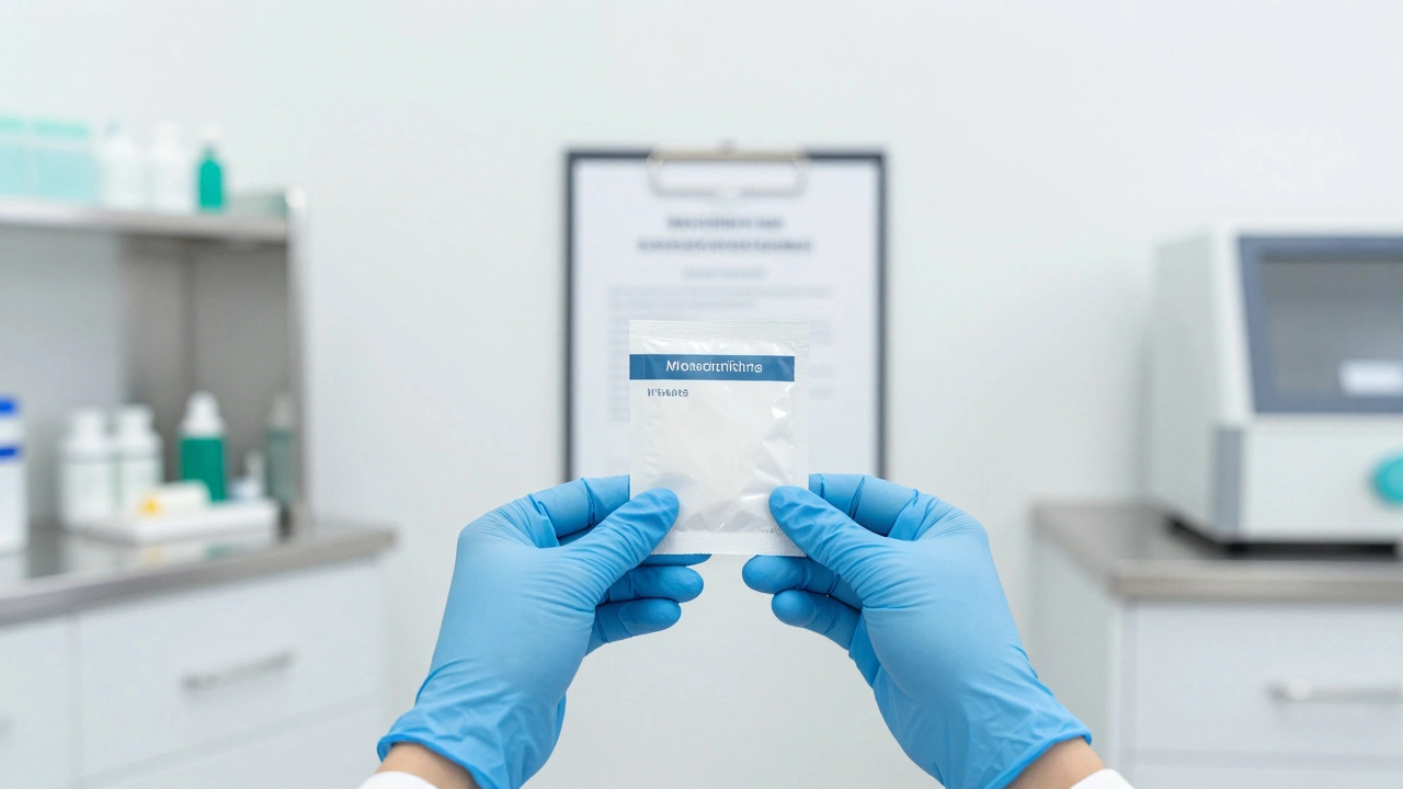 Рука врача в перчатке с сертифицированным препаратом в светлом стерильном кабинете