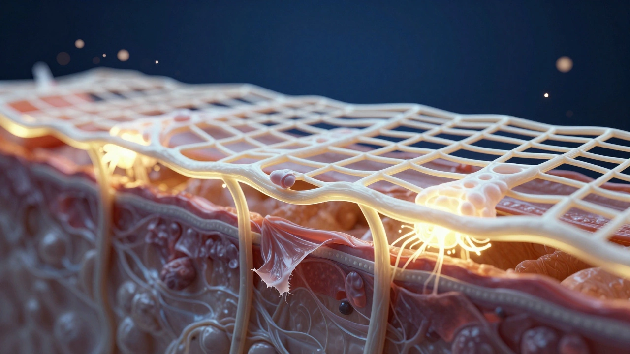 Схематичное изображение коллагеновых и эластиновых волокон в глубоких слоях кожи