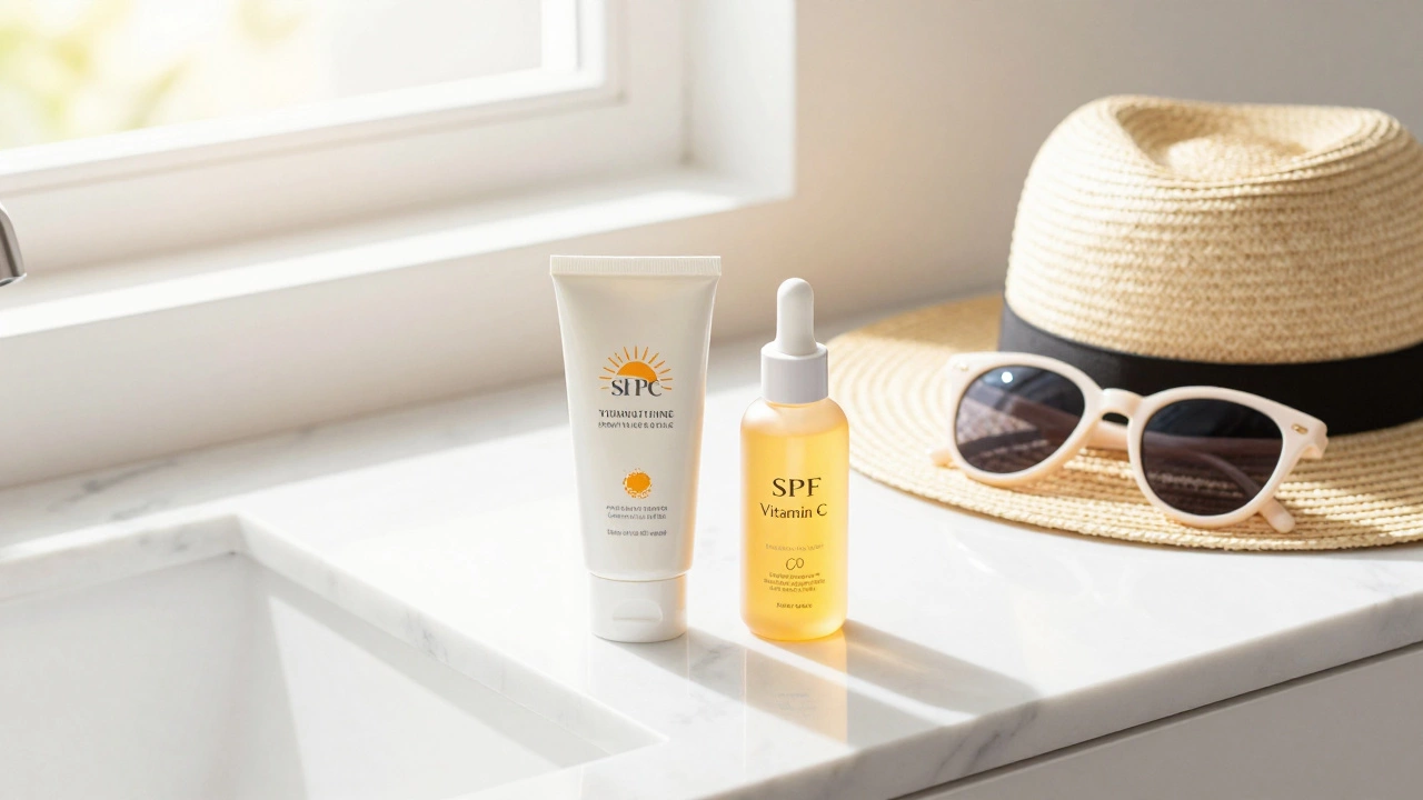 Солнцезащитный крем, сыворотка и шляпа на светлом столе для защиты кожи от солнца
