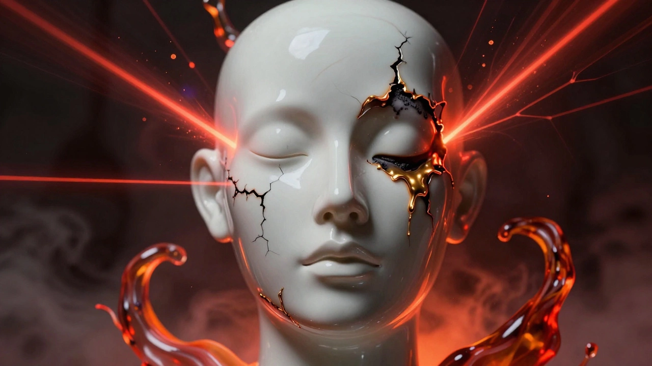 Сюрреалистическая иллюстрация лица с трещинами и ожогами, олицетворяющая опасность пилинга