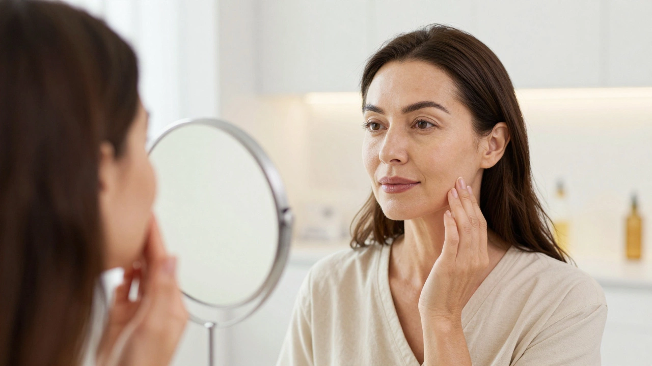 Женщина с подтянутым овалом лица после лазерного лифтинга